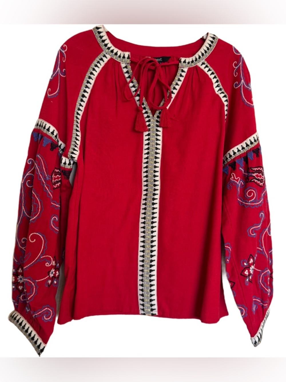 Next Red Boho Tribal Peasant Blouse Cotton Linen Blend Embroidered Tassels Sz S
